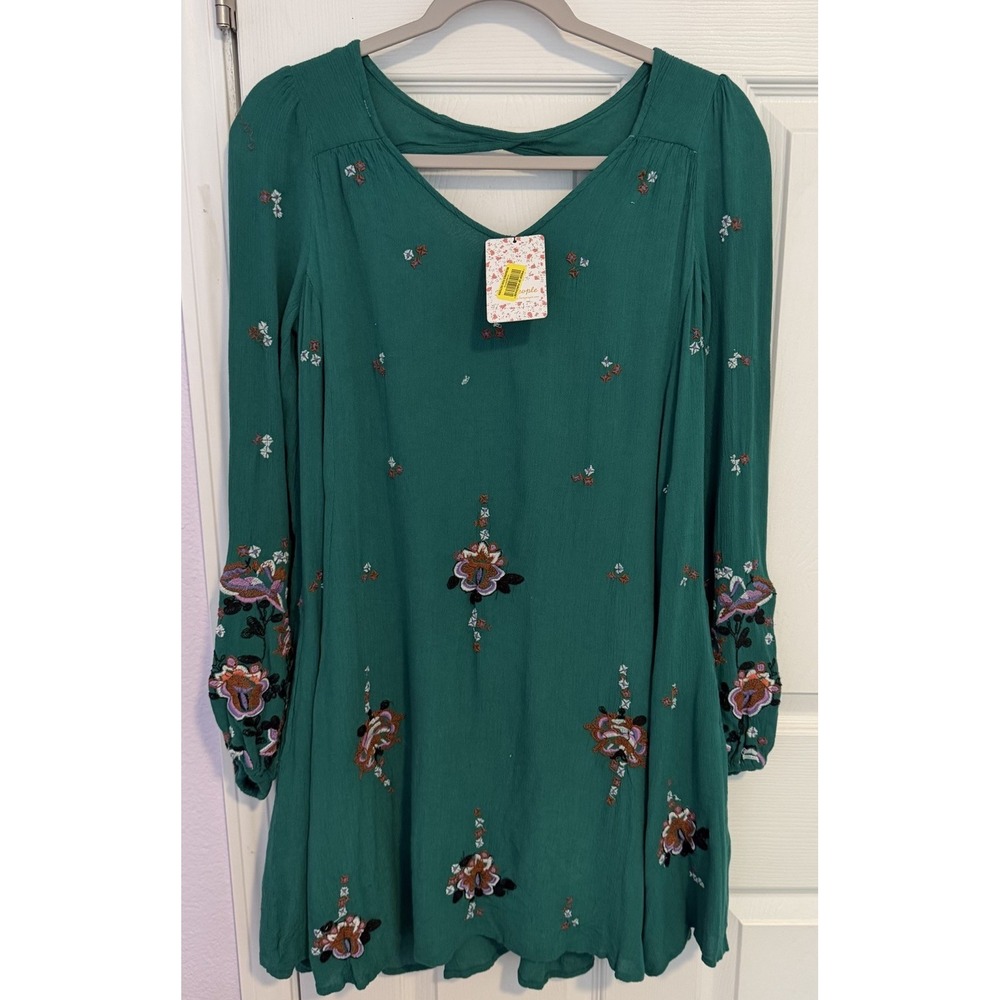 NWT Free People Mini Dress XS Green Floral Embroidered Swing Party Festival Boho